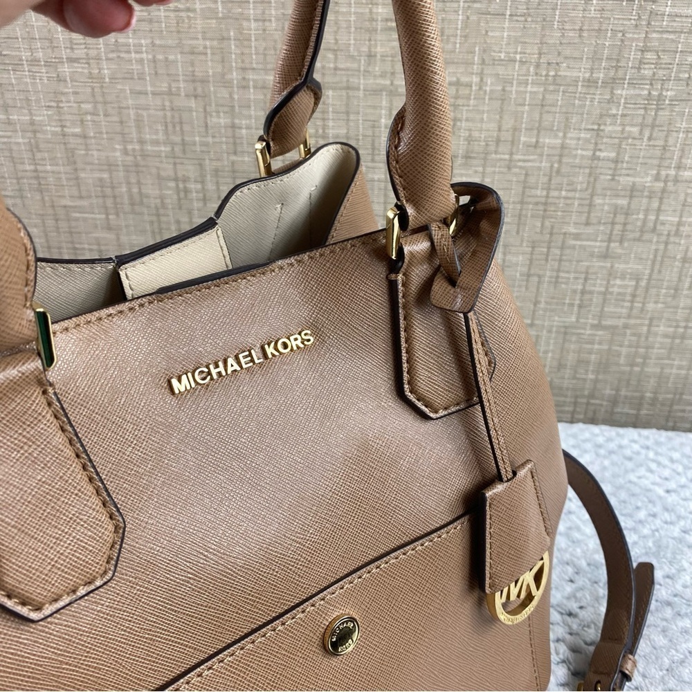 Michael Kors Greenwich‎ Large Saffiano Leather Grab Bag Satchel Crossbody Tan - Picture 5 of 15